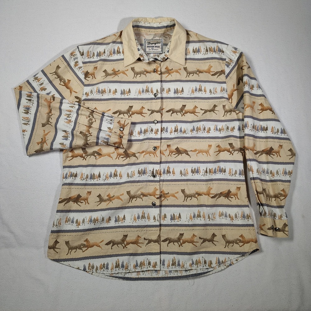 Vintage Wrangler Shirt Womens Large Beige Fox Print Western Button Up